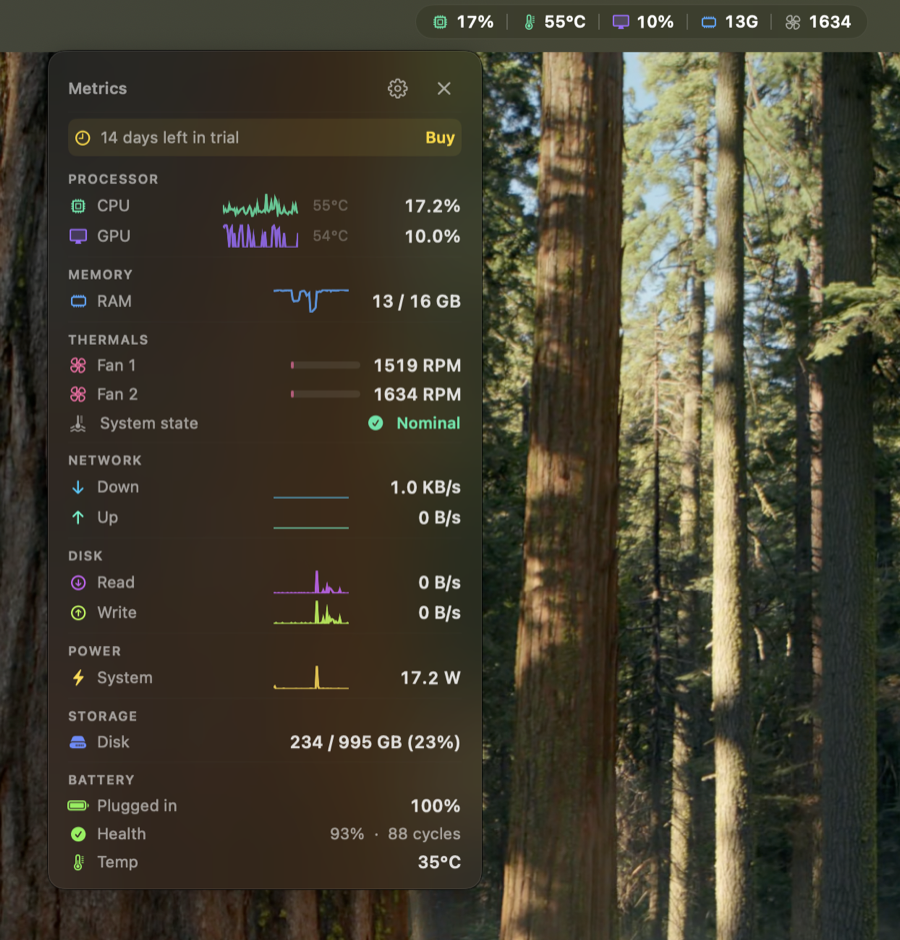 StatusStats expanded metrics panel showing all nine categories